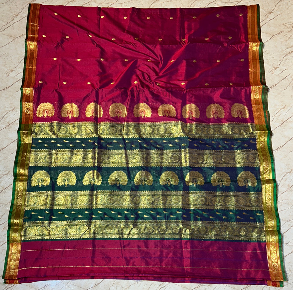 Jijamata Single Ply Pure Silk Saree - Pomegranate