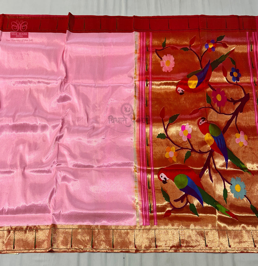 Handloom Pure Silk Single Munia Paithani Saree - Pastel Pink
