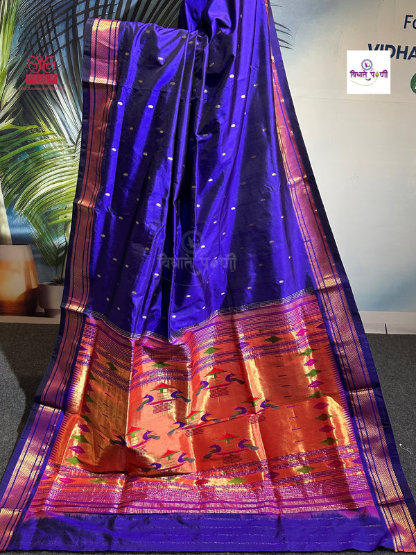 Handloom Pure Silk Double Pallu Paithani Saree - Blue
