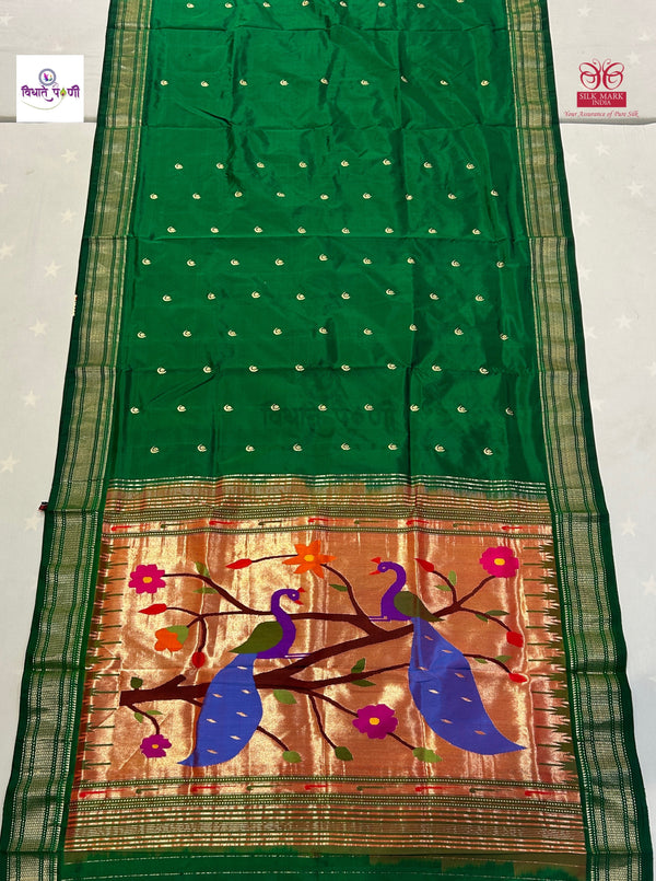 Handloom Pure Silk Chandrakor Butta Paithani Saree - Green