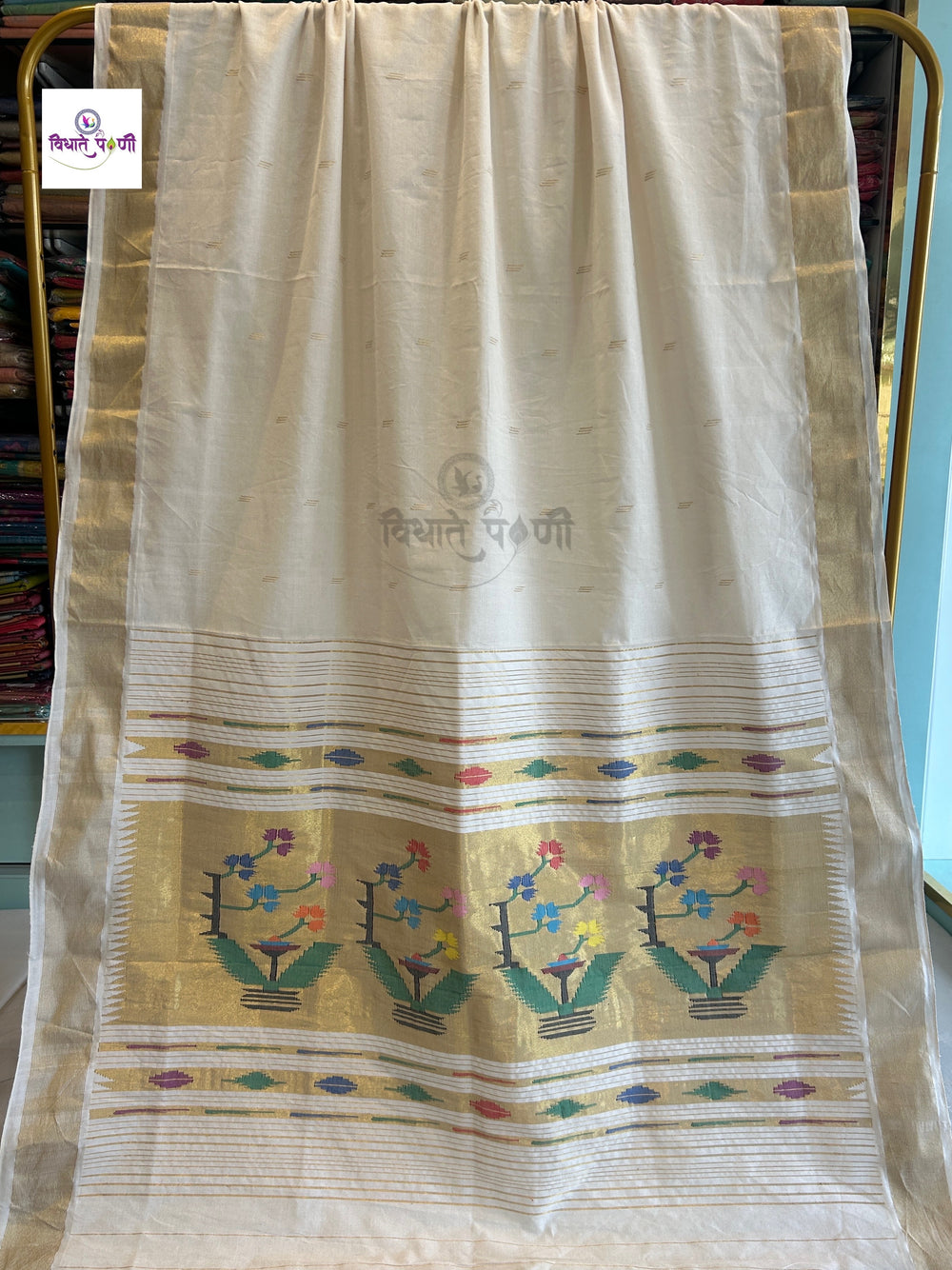 Handloom Pure Cotton Paithani Saree- Asawalli Pallu — full saree draped and laid flat — Vidhate Paithani, Yeola