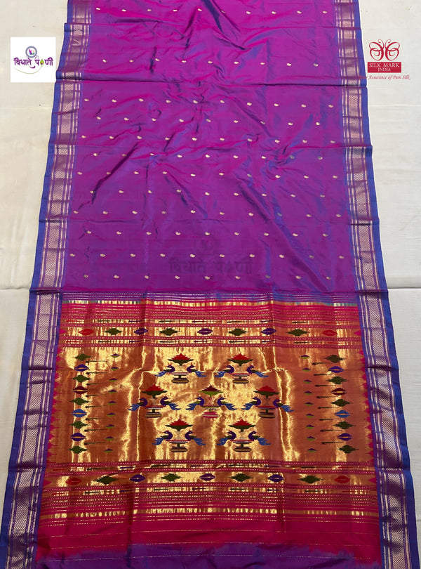 Handloom Pure Silk Double Pallu Paithani Saree - Two Tone Purple