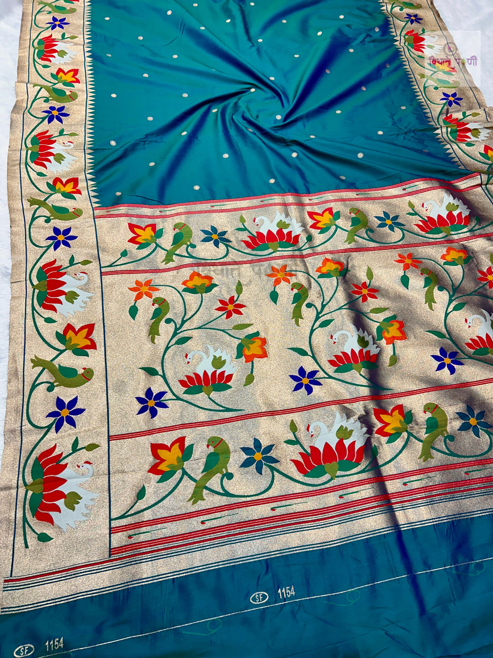 Soft Silk Lotus- Swan Paithani Saree- Sea Green
