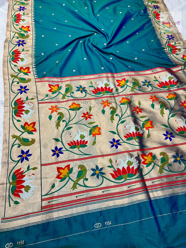 Soft Silk Lotus- Swan Paithani Saree- Sea Green