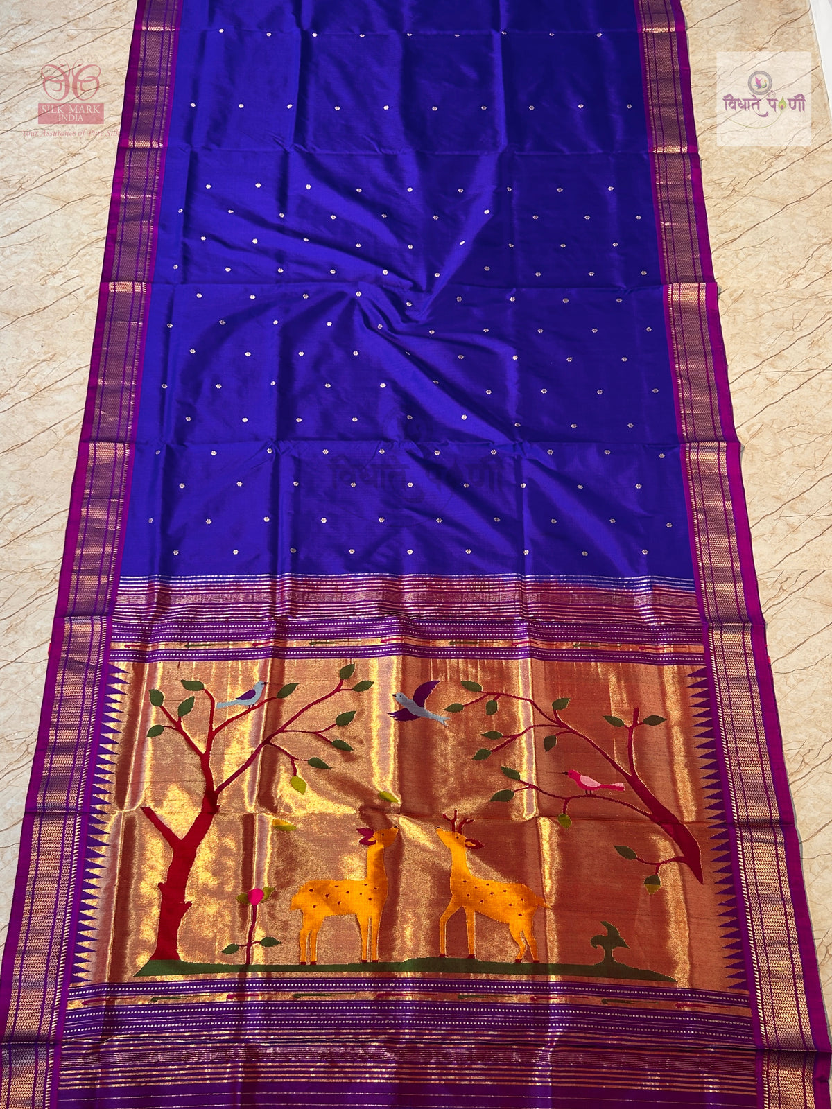 Handloom Pure Silk Designer Pallu Paithani Saree - Exclusive Deer — full saree draped and laid flat — Vidhate Paithani, Yeola