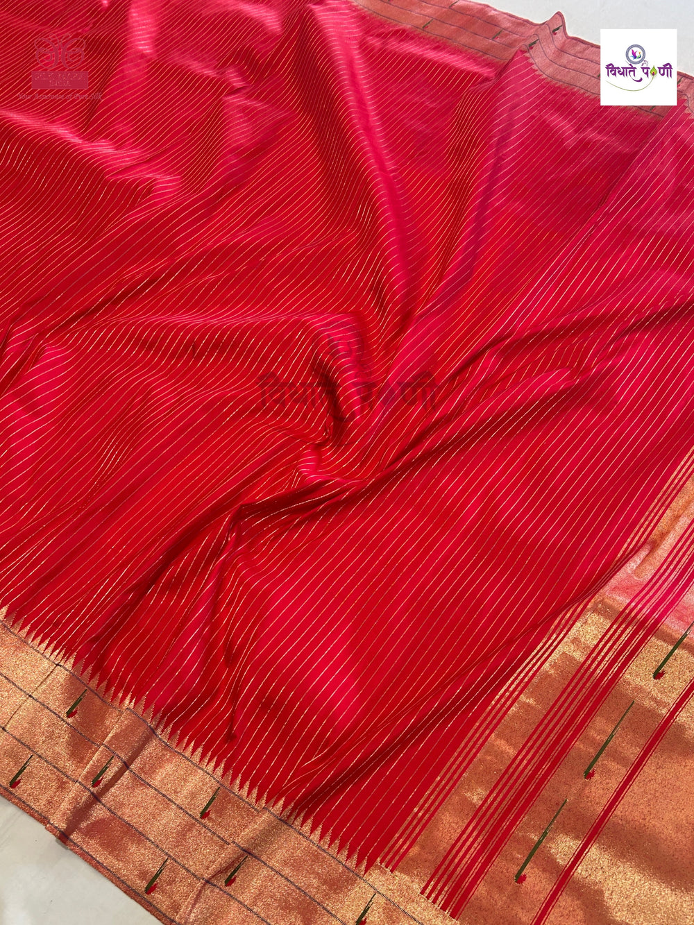 Red Handloom Pure Silk Triple Munia Border Paithani Saree — pallu with zari brocade detail — Vidhate Paithani, Yeola