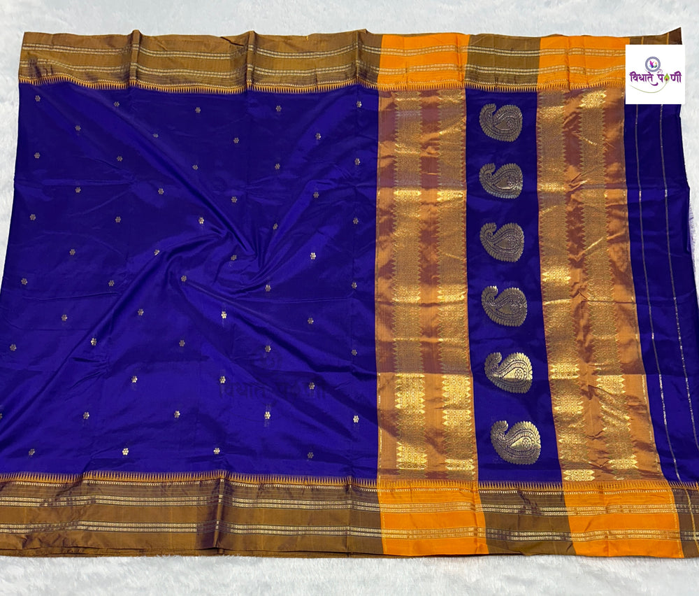 Blue Narayanpeth Single Ply Pure Silk Saree — full saree draped and laid flat — Vidhate Paithani, Yeola