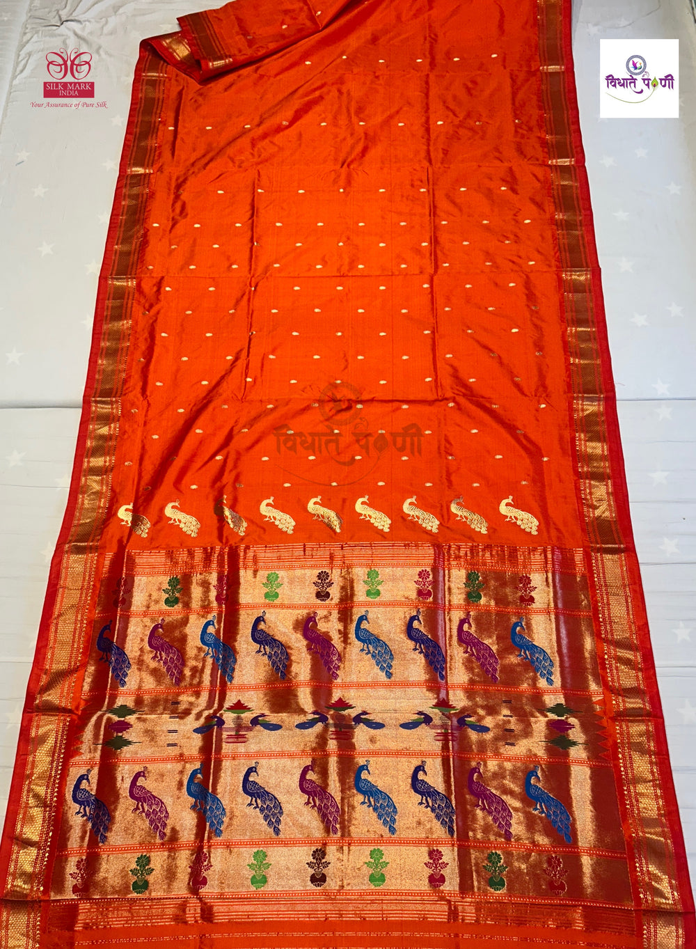 Orange Handloom Pure Silk Fancy Pallu Paithani Saree — full saree draped and laid flat — Vidhate Paithani, Yeola