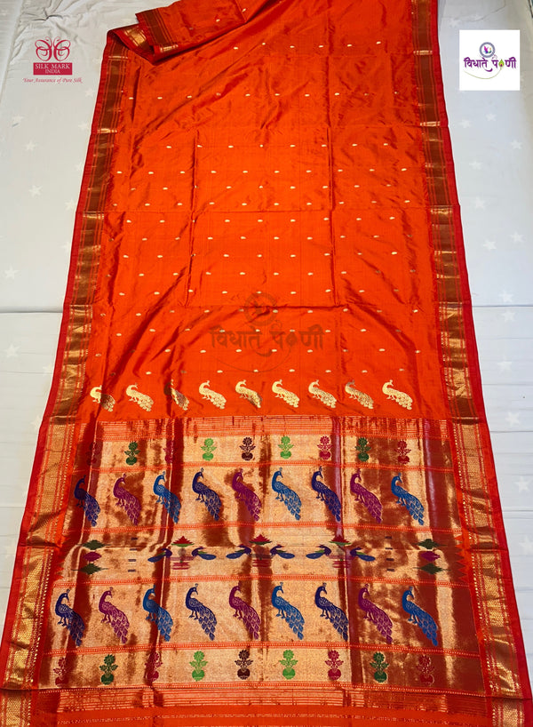 Handloom Pure Silk Fancy Pallu Paithani Saree - Orange