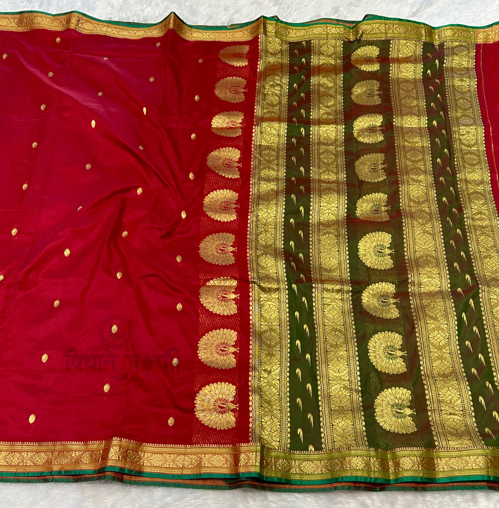 Maroon Jijamata Single Ply Pure Silk Saree — full saree draped and laid flat — Vidhate Paithani, Yeola
