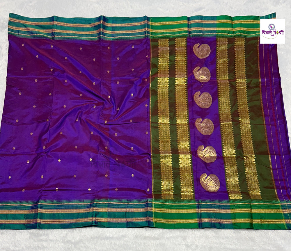 Paithani Color Narayanpeth Single Ply Pure Silk Saree — full saree draped and laid flat — Vidhate Paithani, Yeola