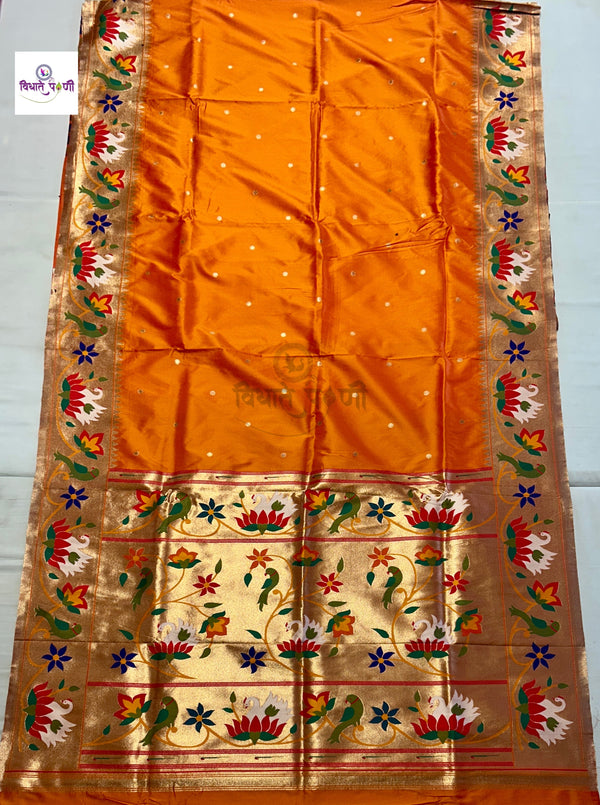 Soft Silk Lotus- Swan Paithani Saree- Mango