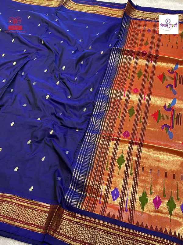Handloom Pure Silk Double Pallu Paithani Saree - Navy
