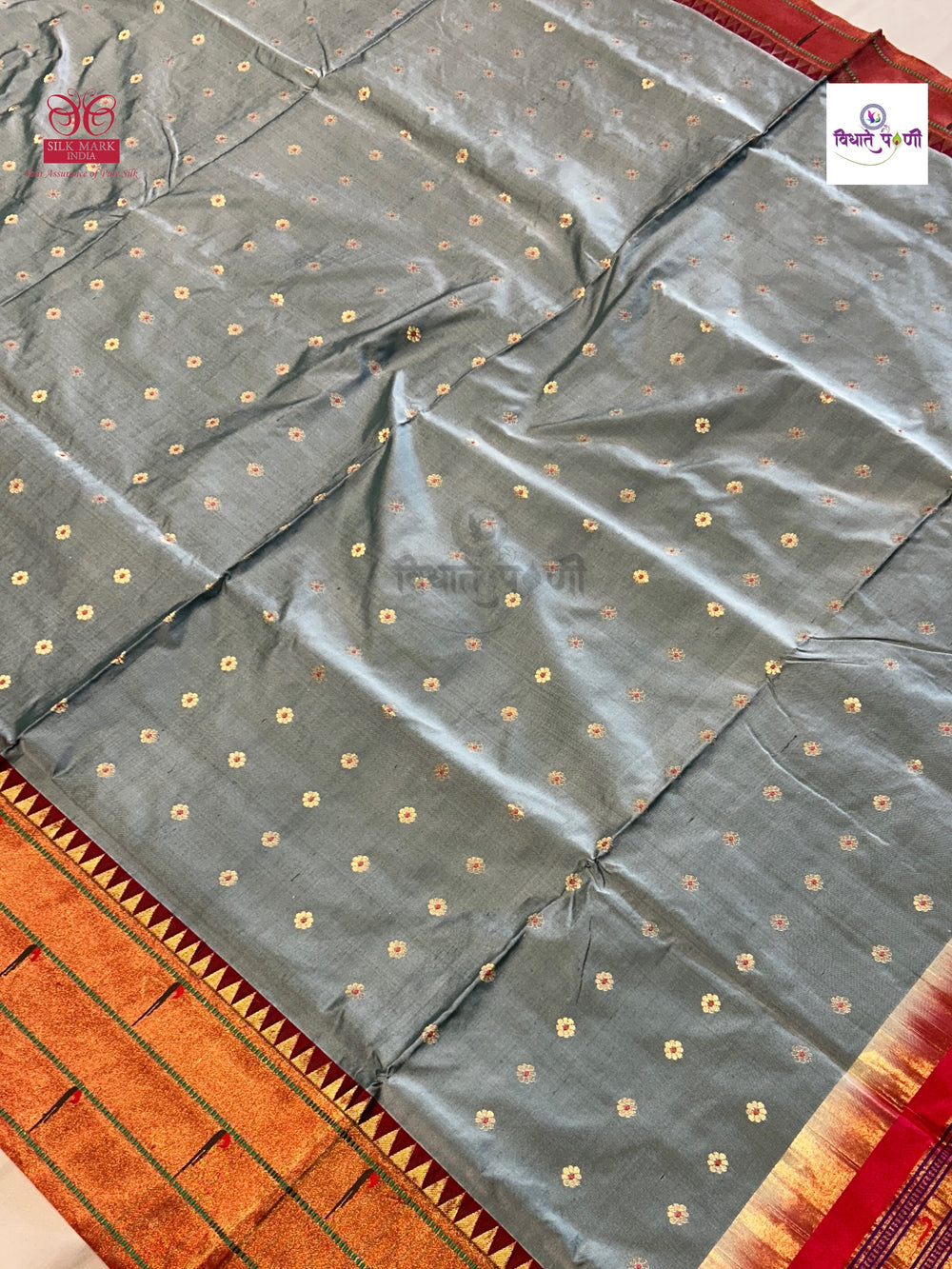 Powerloom Pure Silk Triple Munia Paithani Saree – Grey | Monsoon Sale