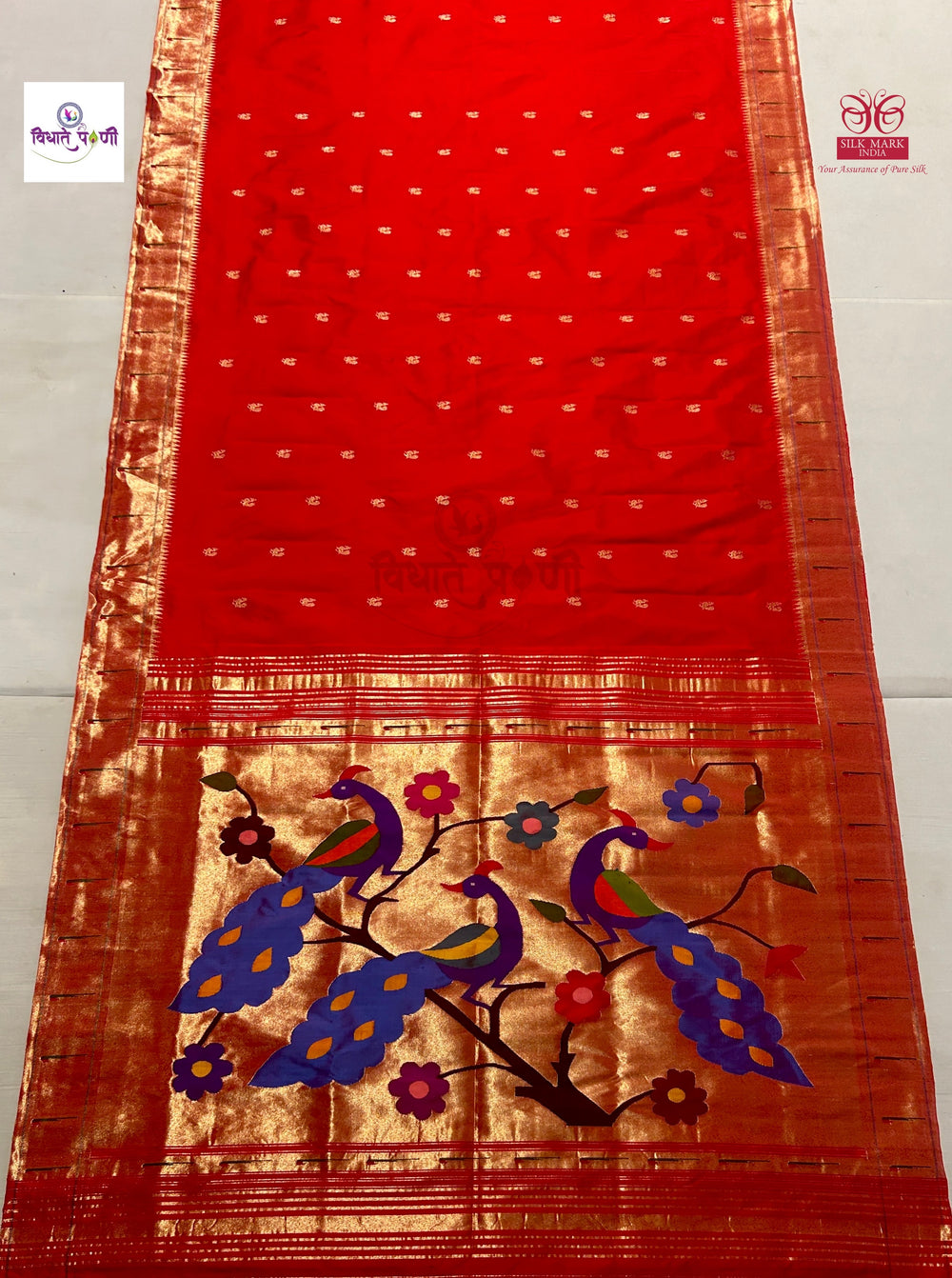 Red Handloom Pure Silk Single Munia Paithani Saree — full saree draped and laid flat — Vidhate Paithani, Yeola