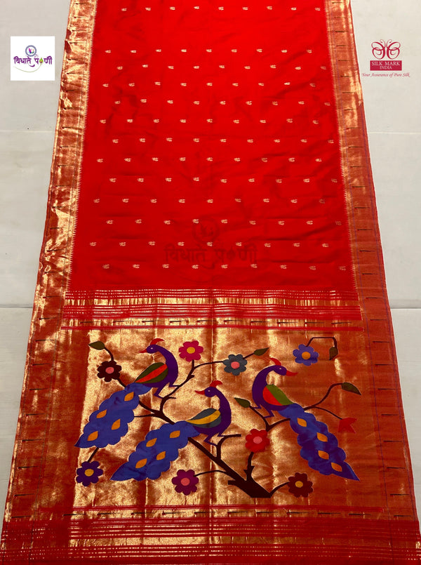 Handloom Pure Silk Single Munia Paithani Saree - Red 3