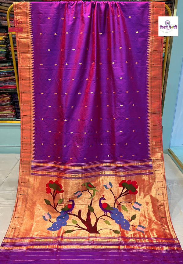 Handloom Pure Silk Single Munia Paithani Saree - Paithani Color