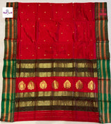 Red Narayanpeth Single Ply Pure Silk Saree — full saree draped and laid flat — Vidhate Paithani, Yeola