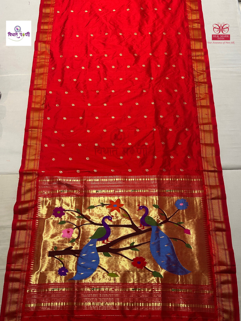 Red Handloom Pure Silk Chandrakor Butta Paithani Saree — full saree draped and laid flat — Vidhate Paithani, Yeola