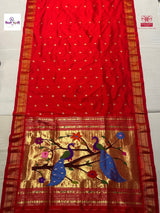 Red Handloom Pure Silk Chandrakor Butta Paithani Saree — full saree draped and laid flat — Vidhate Paithani, Yeola