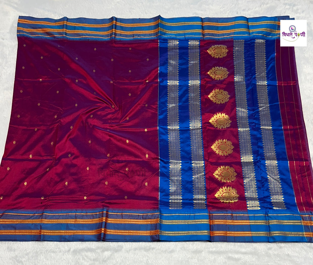 Magenta Narayanpeth Single Ply Pure Silk Saree — full saree draped and laid flat — Vidhate Paithani, Yeola