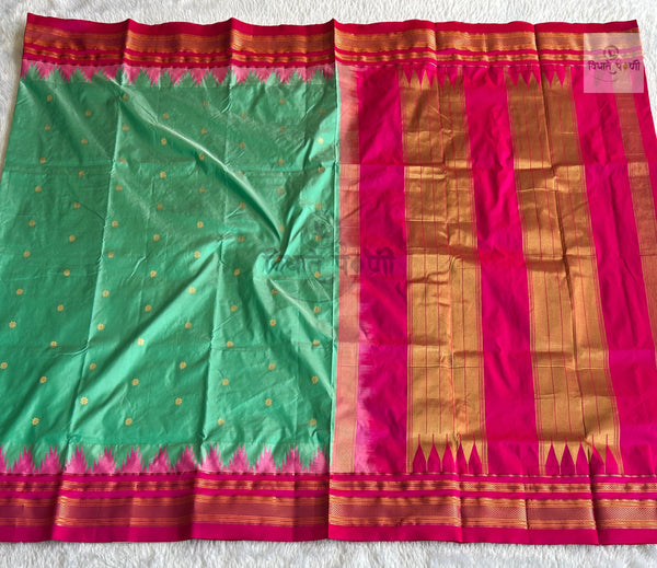 Traditional Pure Silk Irkal Butta Sarees- Temple Border - Pista Green with Pink
