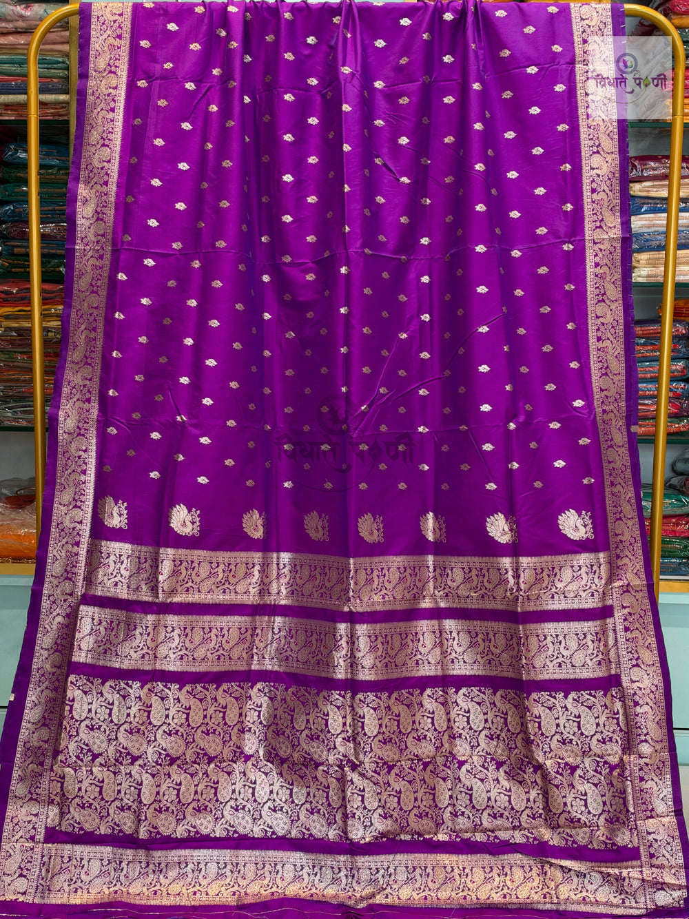 Peshwai Soft Silk Saree- Magenta — full saree draped and laid flat — Vidhate Paithani