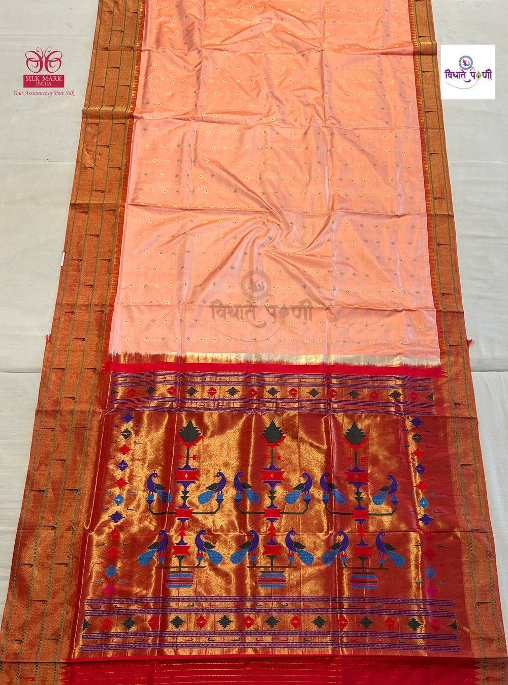 Powerloom Pure Silk Triple Munia Paithani Saree – Peach | Monsoon Sale