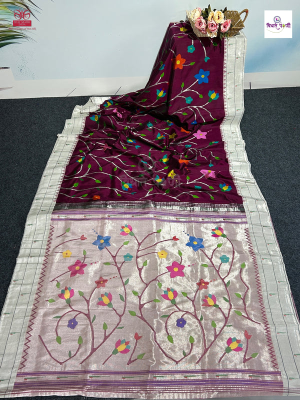 Handloom Pure Silk All Over Brocade Paithani Saree- Wine