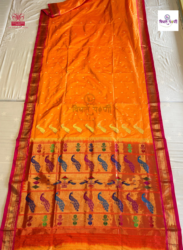 Handloom Pure Silk Fancy Pallu Paithani Saree - Mango