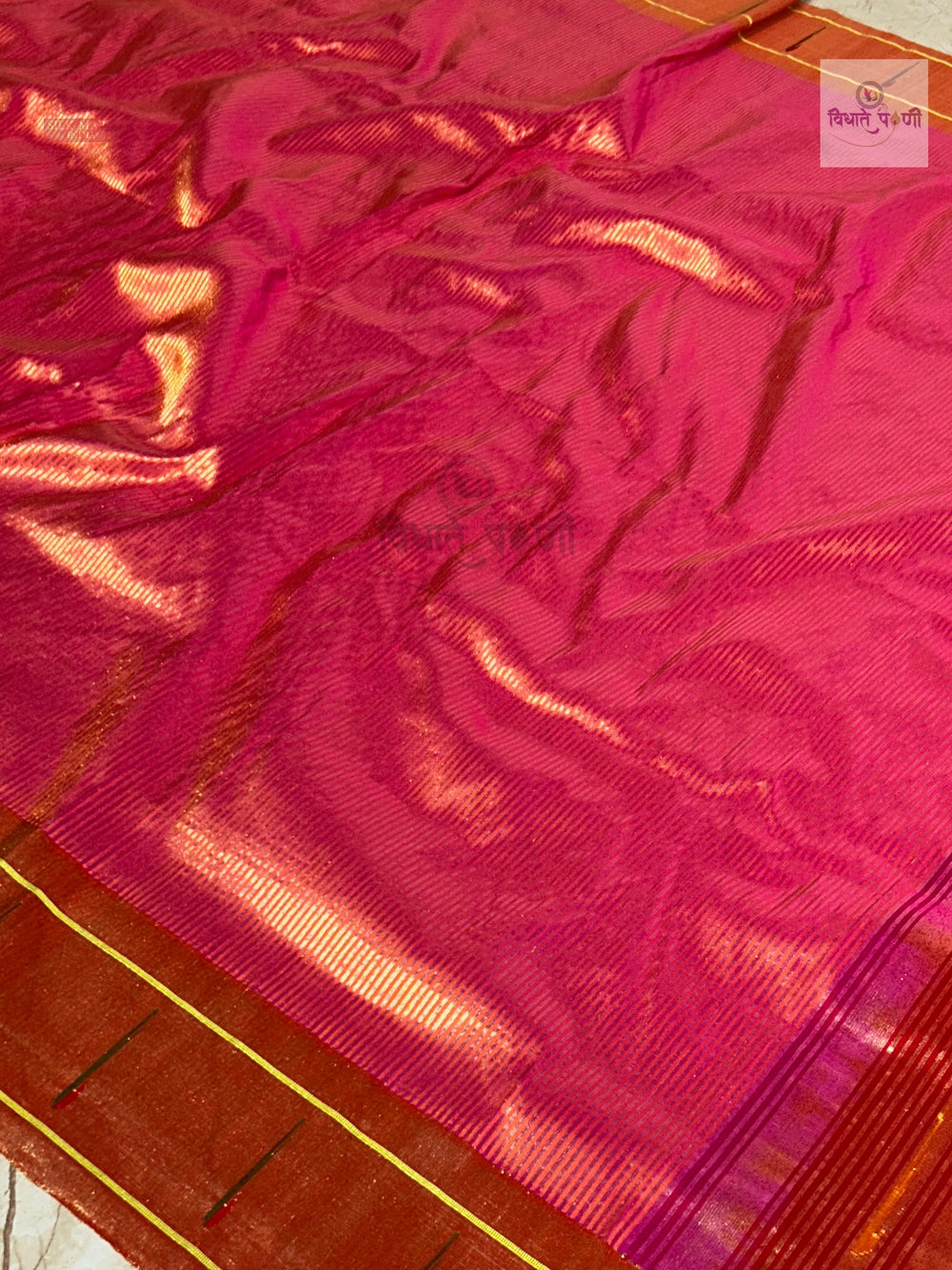 Handloom Pure Silk Single Munia Paithani Saree - Orange — border close-up — Vidhate Paithani, Yeola