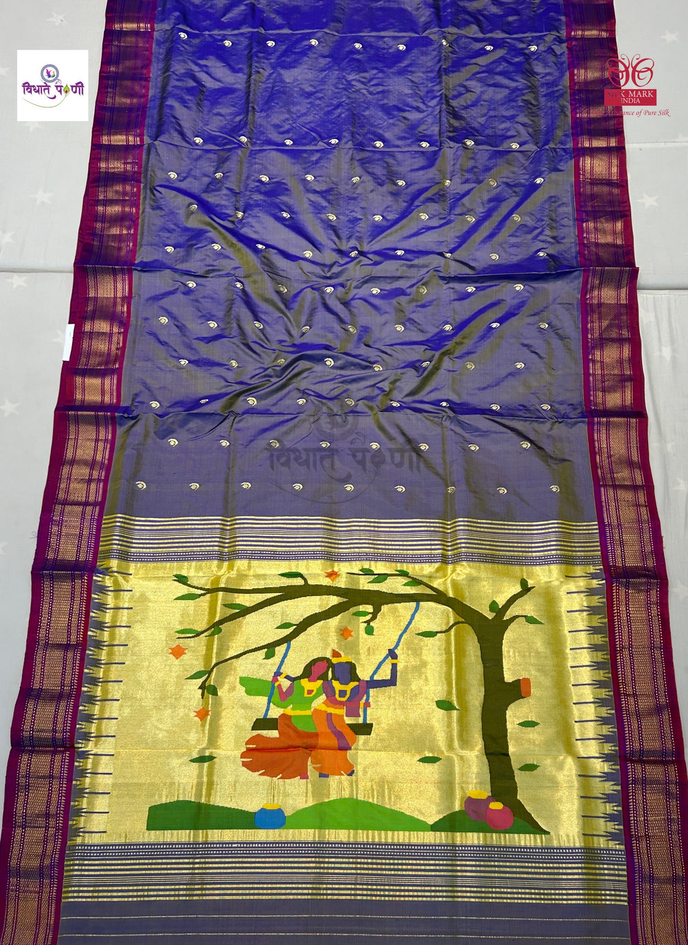 Lavender Handloom Pure Silk Chandrakor Butta Paithani Saree — full saree draped and laid flat — Vidhate Paithani, Yeola