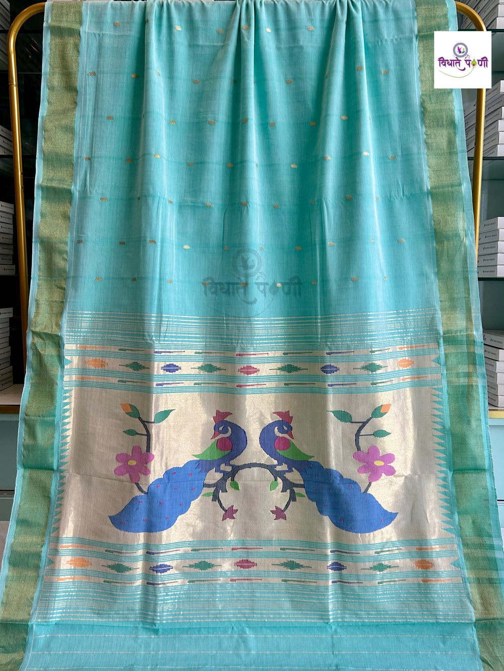 Handloom Pure Cotton Paithani Saree - Elegant Peacock - Pista Green
