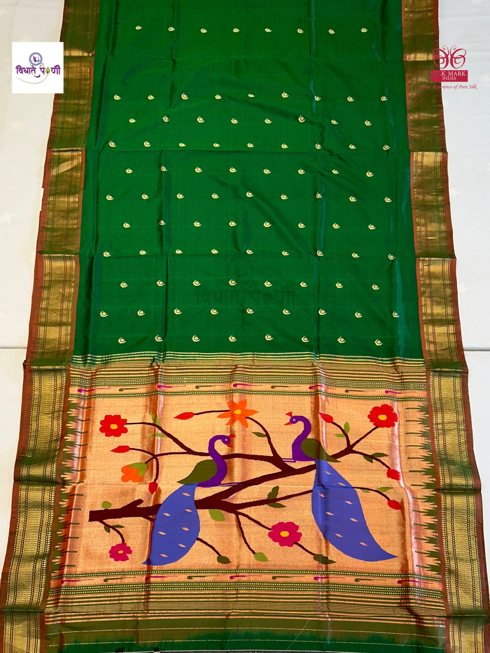 Handloom Pure Silk Chandrakor Butta Paithani Saree - Green