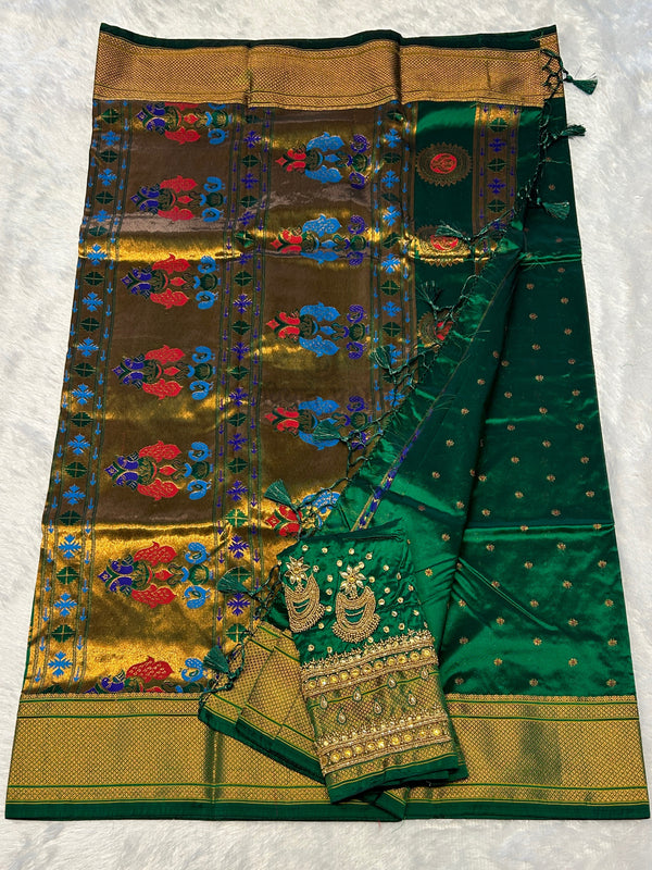 Kalanjali Semi Paithani Saree - Designer Work Blouse - Bottle Green 2