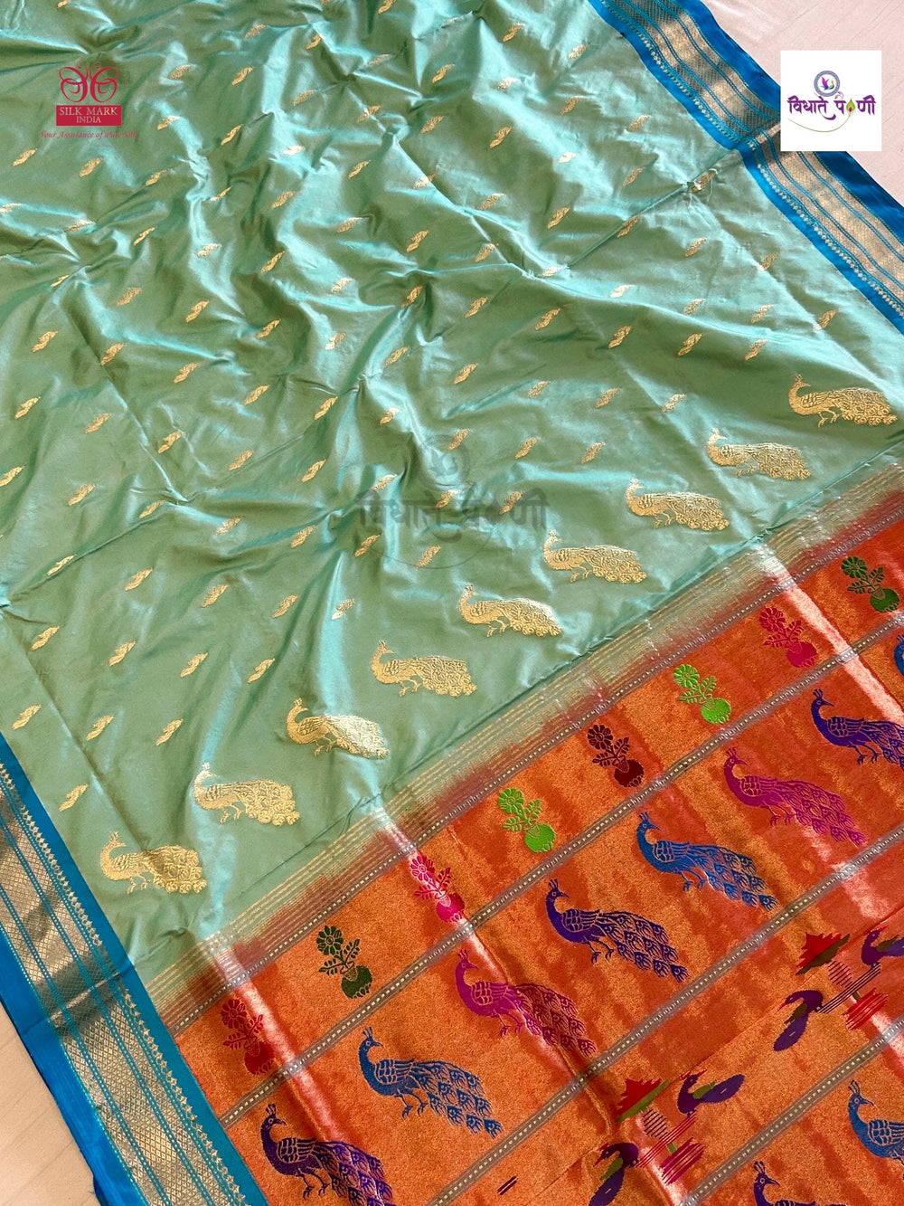 Pista Green Handloom Pure Silk Fancy Pallu Paithani Saree — pallu with zari brocade detail — Vidhate Paithani, Yeola