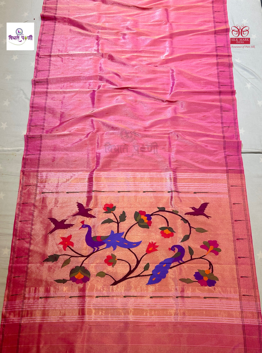 Pastel Pink Handloom Pure Tissue Single Munia Paithani Saree — full saree draped and laid flat — Vidhate Paithani, Yeola