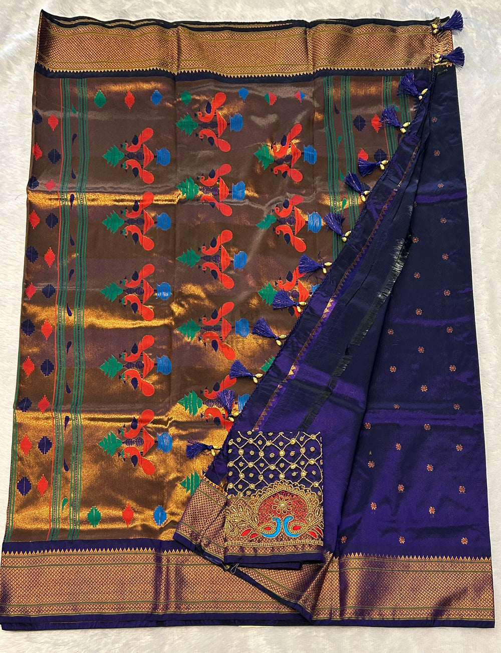 Kalanjali Semi Paithani Saree - Designer Work Blouse - Navy