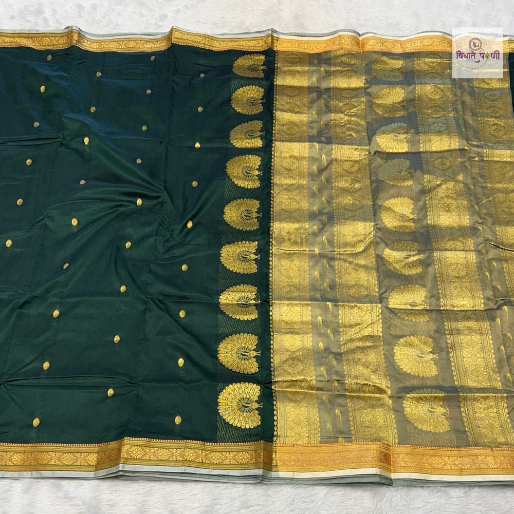 Jijamata Single Ply Pure Silk Saree- Bottle Green