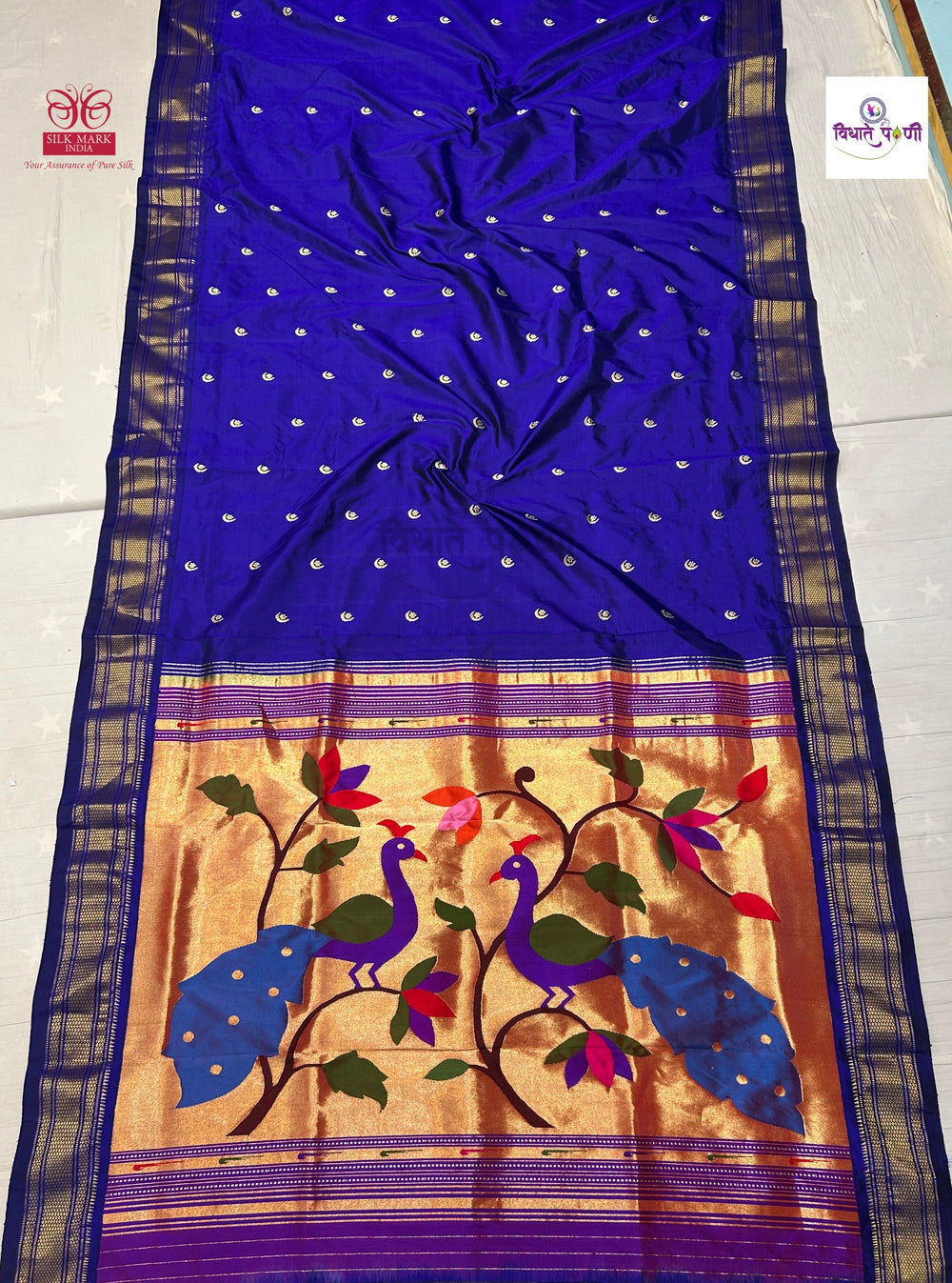 Blue Handloom Pure Silk Chandrakor Butta Paithani Saree — full saree draped and laid flat — Vidhate Paithani, Yeola