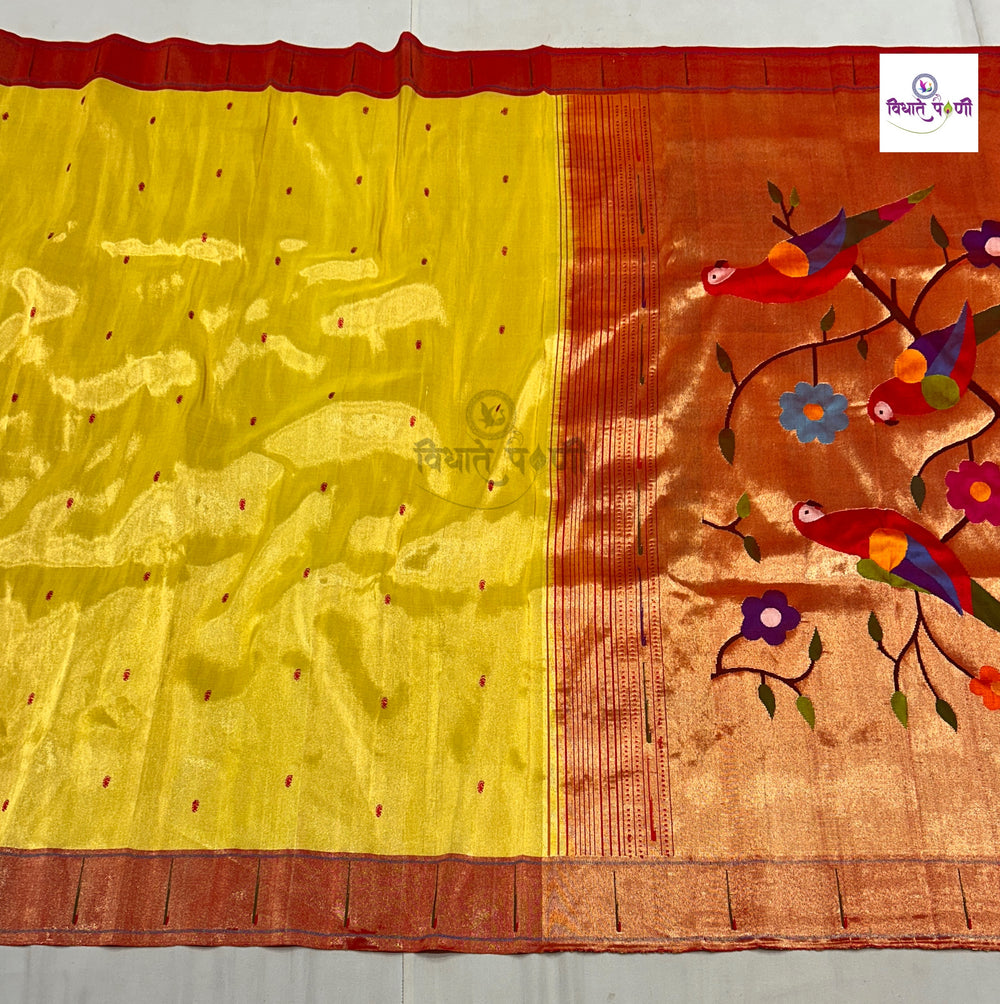 Handloom Pure Tissue Single Munia Paithani Saree- Lemon Yellow