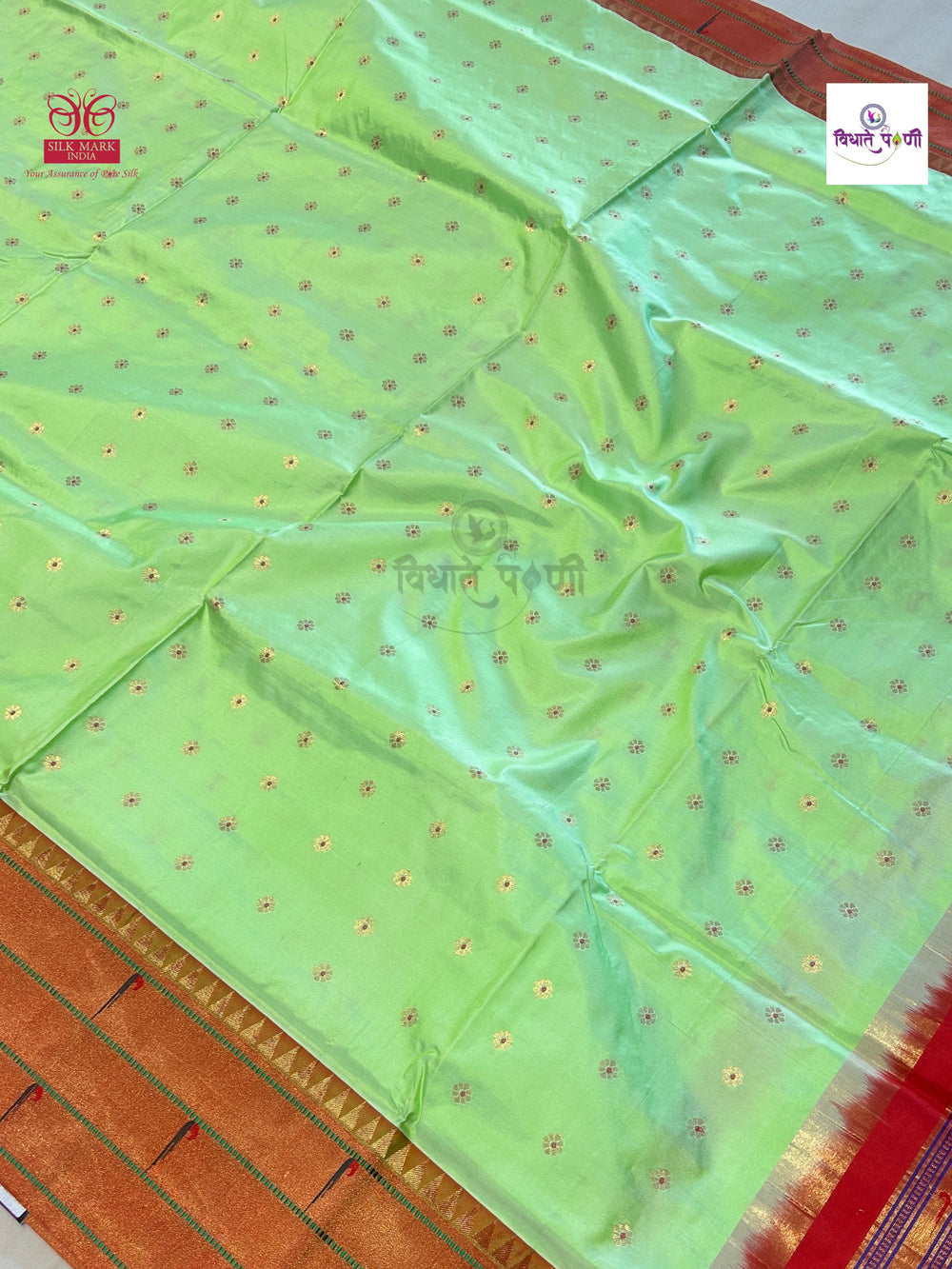 Powerloom Pure Silk Triple Munia Paithani Saree – Pista Green | Monsoon Sale
