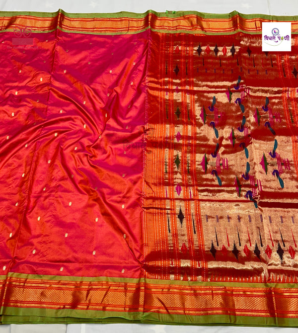 Handloom Pure Silk Double Pallu Paithani Saree - 9 Yard