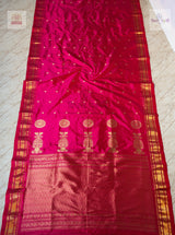 Vintage Handloom Pure Silk Chandrakor Paithani Saree - Rani Pink — full saree draped and laid flat — Vidhate Paithani, Yeola