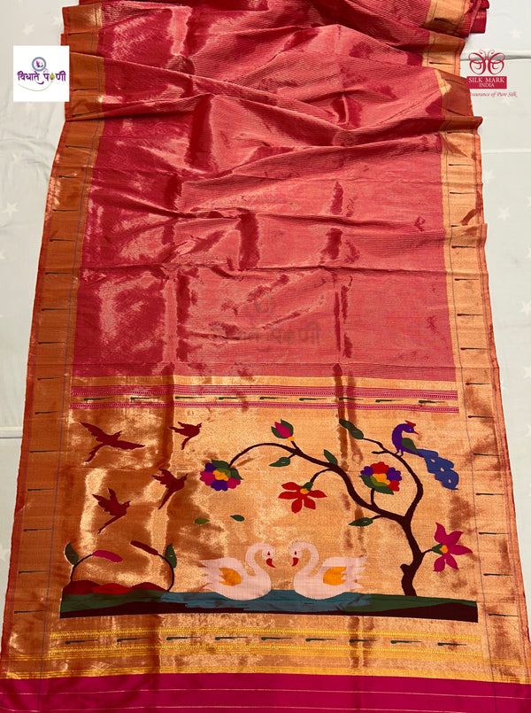 Handloom Pure Silk Single Munia Paithani Saree - Stripes - Hot Pink