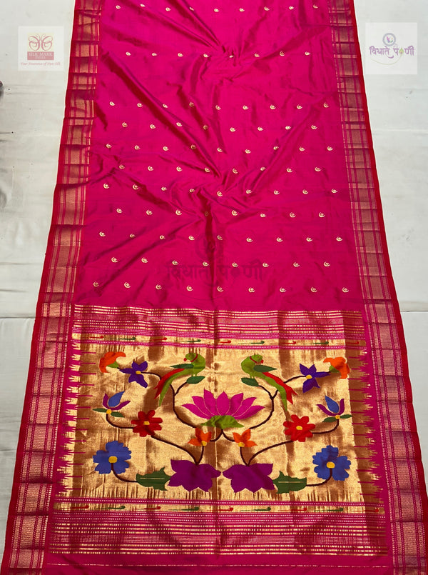 Handloom Pure Silk Chandrakor Butta Paithani Saree - Hot Pink — full saree draped and laid flat — Vidhate Paithani, Yeola