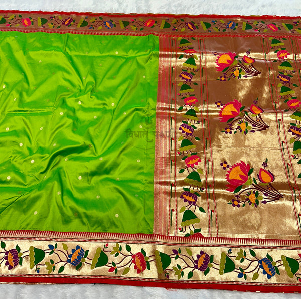 Powerloom Soft Silk Lotus Border Paithani Sarees- Parrot Green