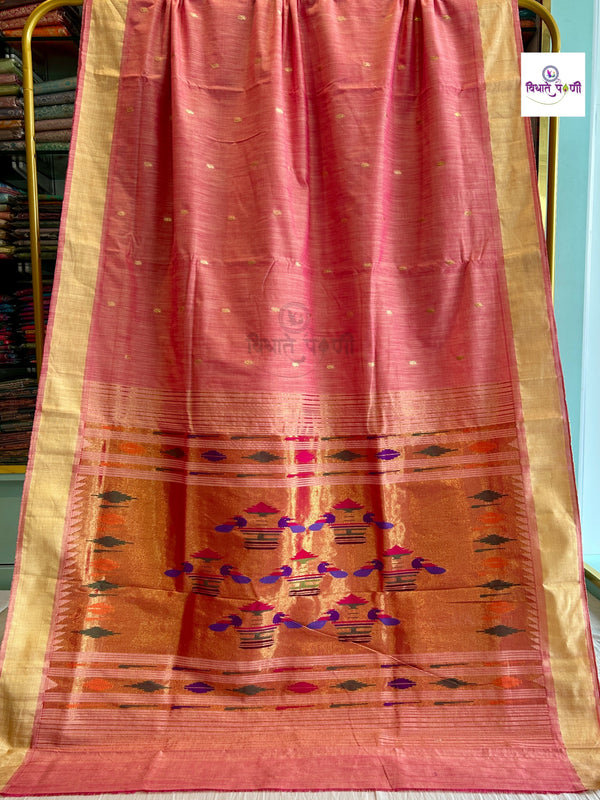 Pastel Red Handloom Pure Cotton Paithani Saree - Double Pallu