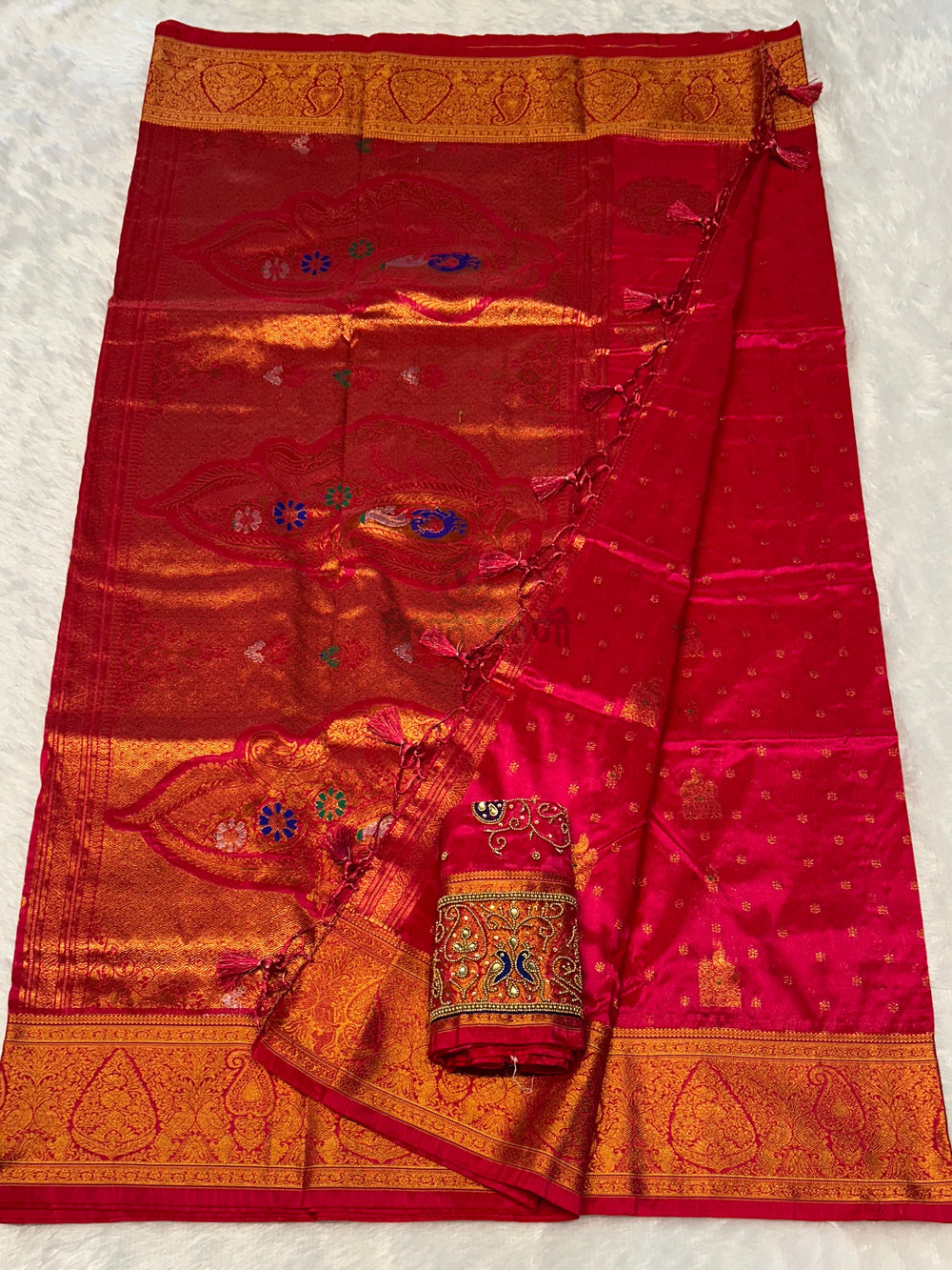 Gadhwal Semi Paithani Saree - Designer Work Blouse - Red-Pink Mix