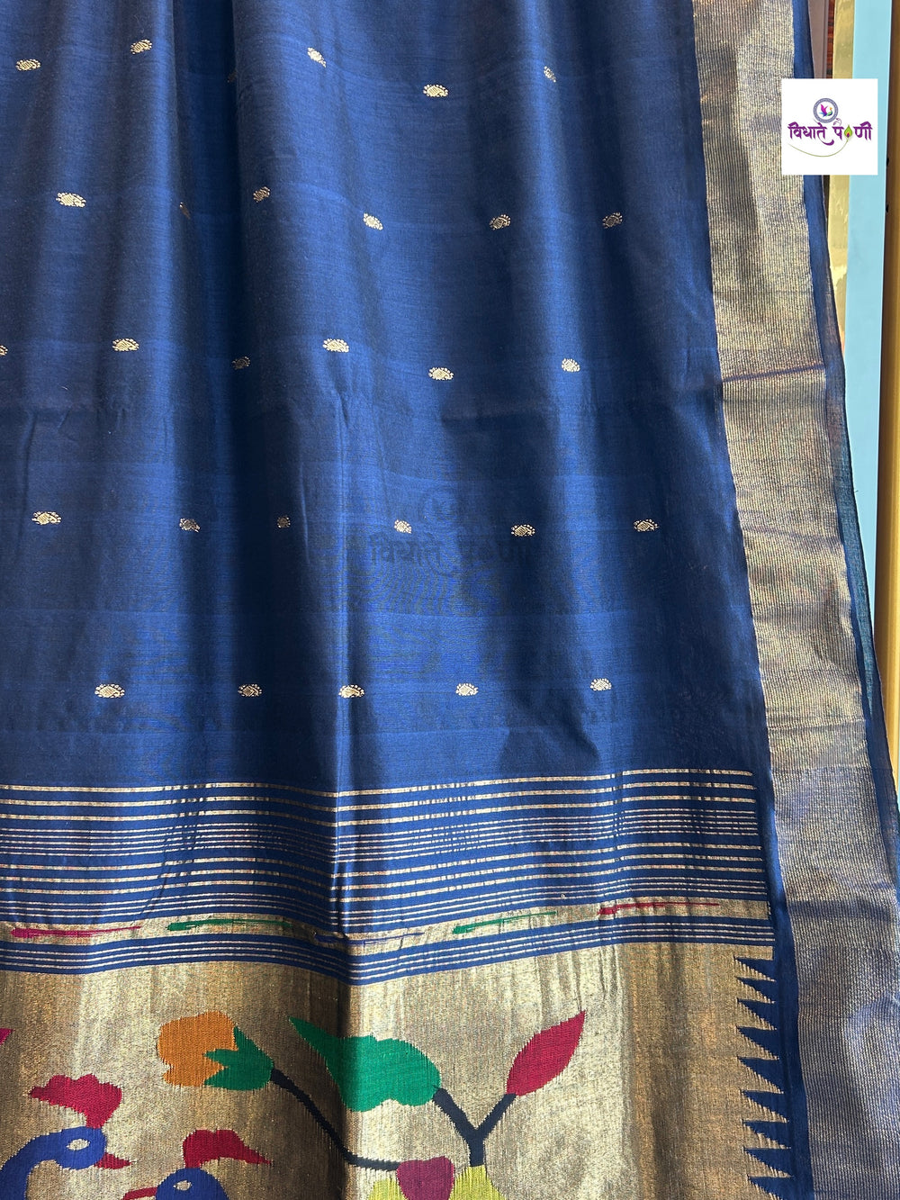 Navy Handloom Pure Cotton Paithani Saree - Peacock Pallu — pallu with zari brocade detail — Vidhate Paithani, Yeola